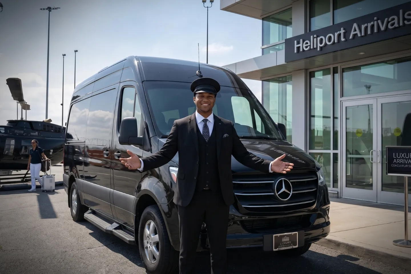 Chauffeur loading bags into a black Sprinter van at the JRA entrance