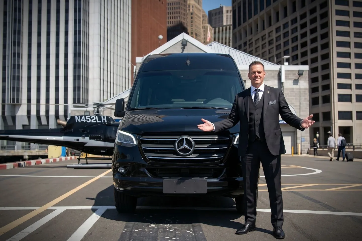 Chauffeur greeting passengers beside a Sprinter van near the JRB entrance