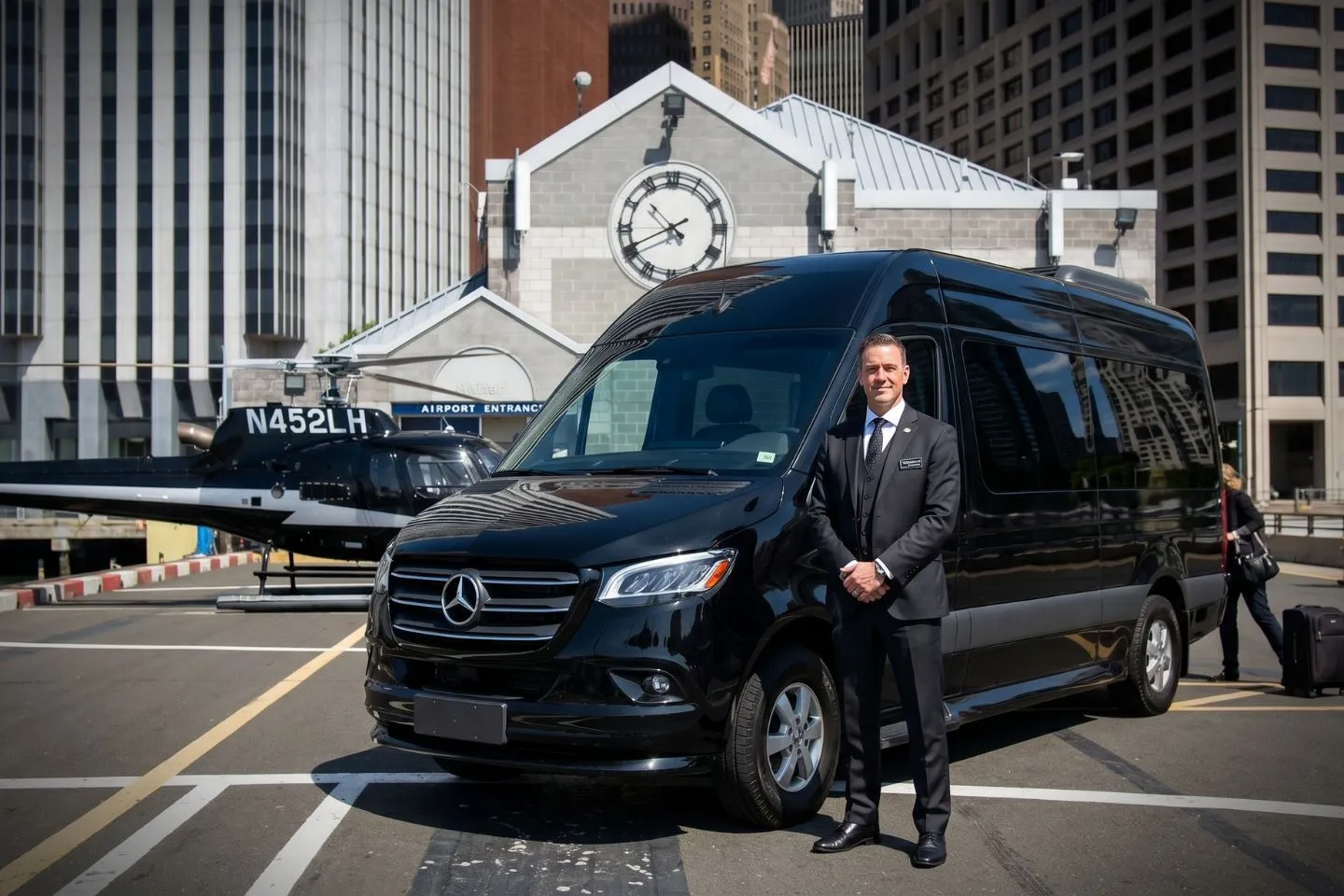 Black Sprinter van parked outside Downtown Manhattan Heliport at Pier 6
