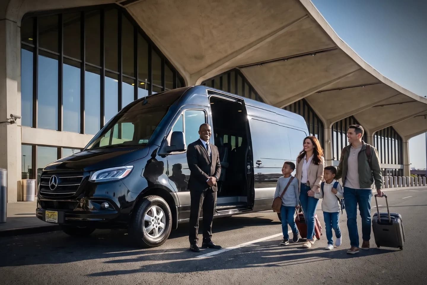 Passengers boarding a spacious luxury van outside the EWR airport pickup lane