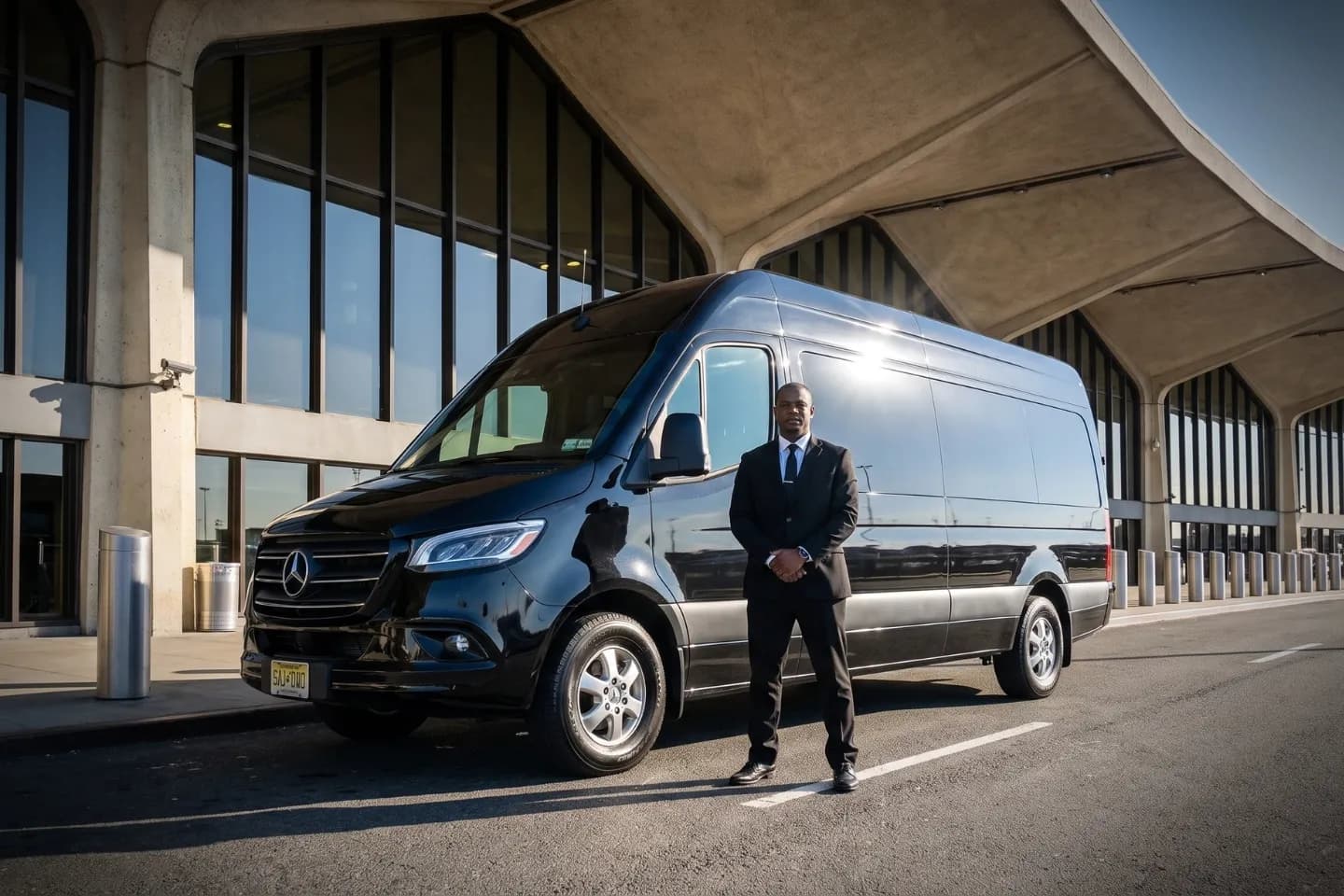 Black Sprinter van parked outside Newark Liberty International Airport arrivals area