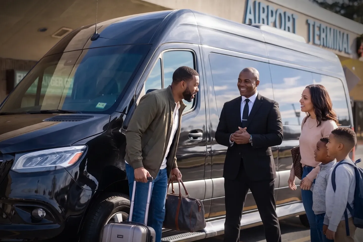 Black Sprinter van stationed at the Trenton Mercer Airport pickup lane