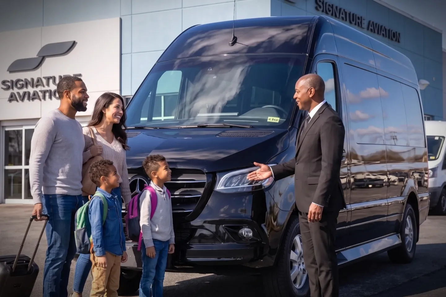 Sprinter van waiting beside a corporate jet at Morristown Municipal Airport