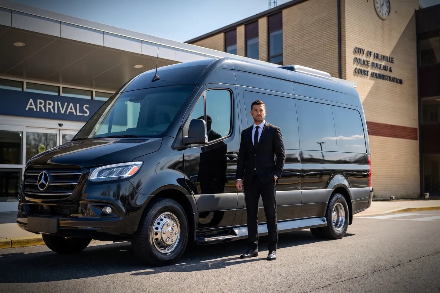 Millville Municipal (MIV) Airport Sprinter Van Rental Chauffeured black sedan parked outside Millville Municipal Airport in South Jersey