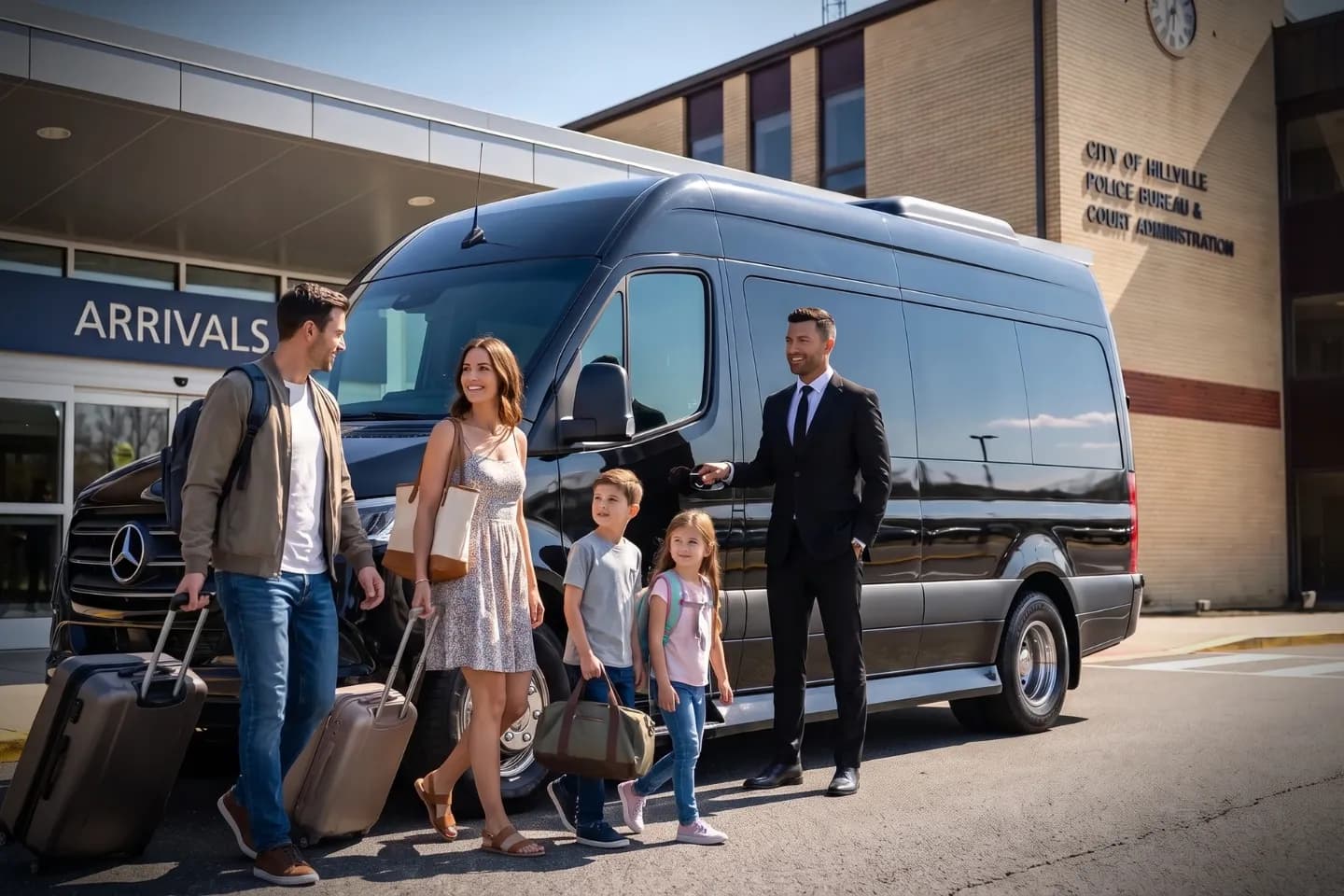 Travelers approaching an executive van outside the MIV terminal doors
