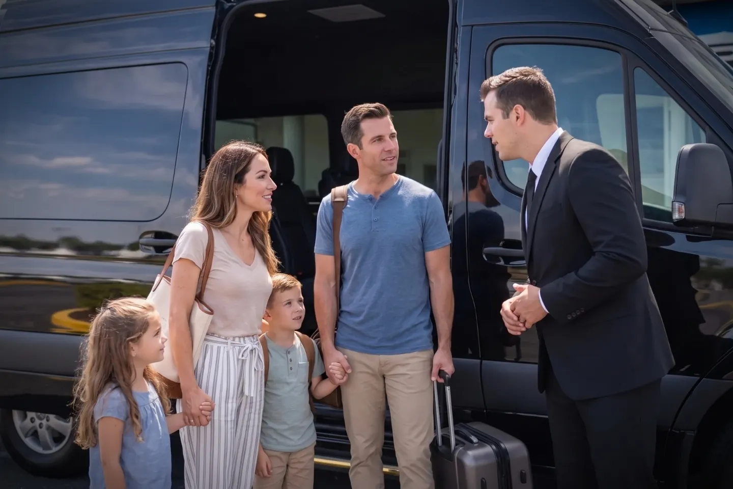 Chauffeur greeting guests beside a luxury van at WWD airport