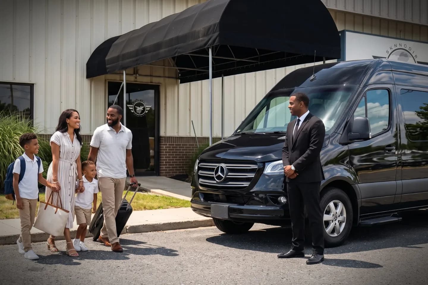 Black limousine stationed outside the Monmouth Jet Center lobby at sunset