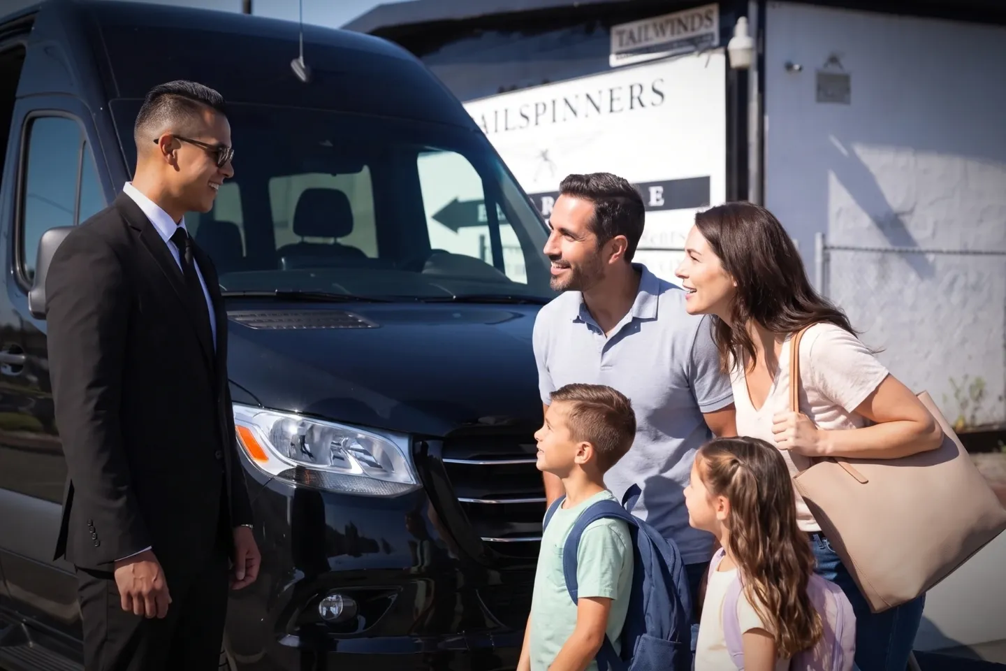 Chauffeur assisting passengers beside a luxury van at LLY airport