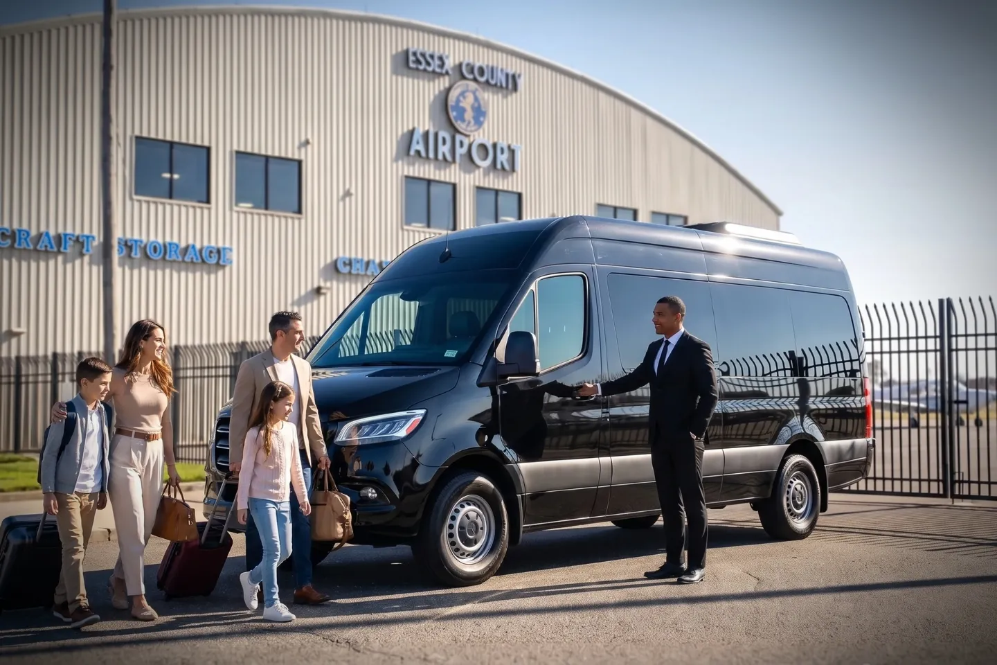 Corporate travelers approaching a chauffeured car at the CDW general aviation entrance