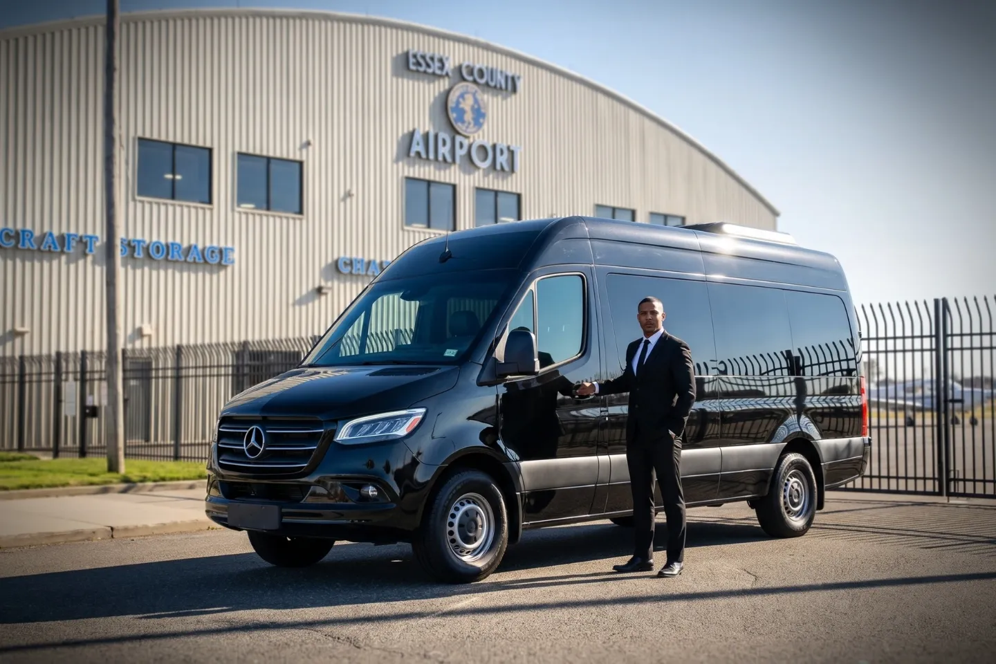 Luxury limousine parked outside Essex County Airport in Caldwell New Jersey