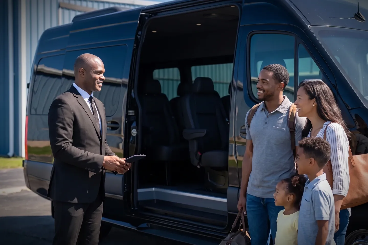 Chauffeur standing beside a luxury van outside the SMQ terminal