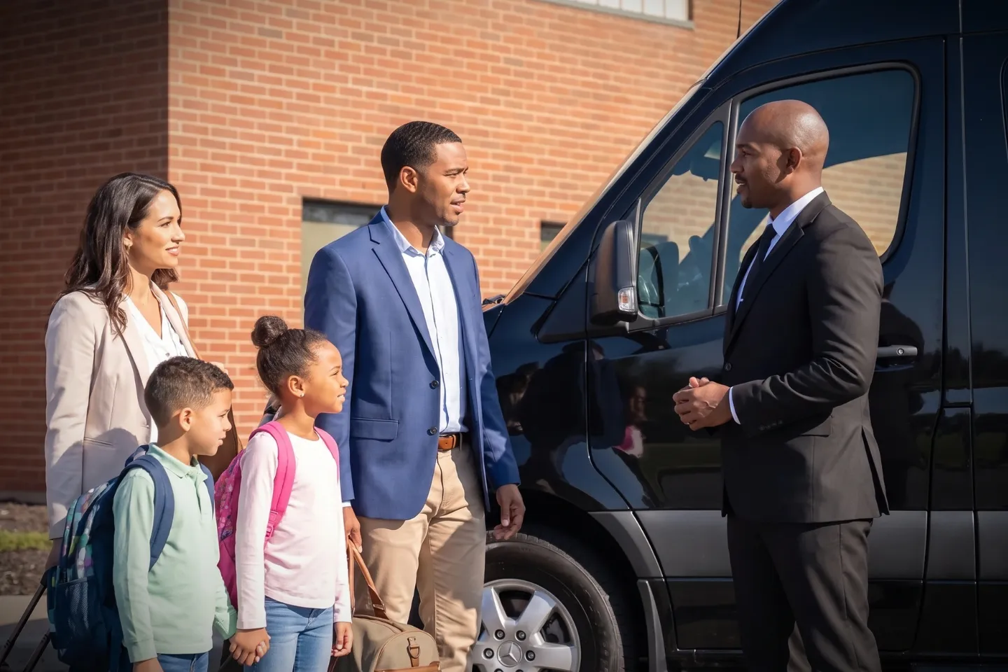 Chauffeur greeting travelers beside an executive sedan at LDJ airport