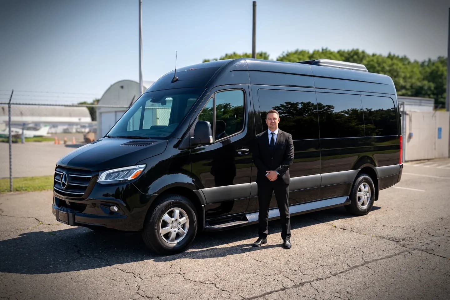 Black limousine parked outside the Windham Airport terminal in eastern Connecticut