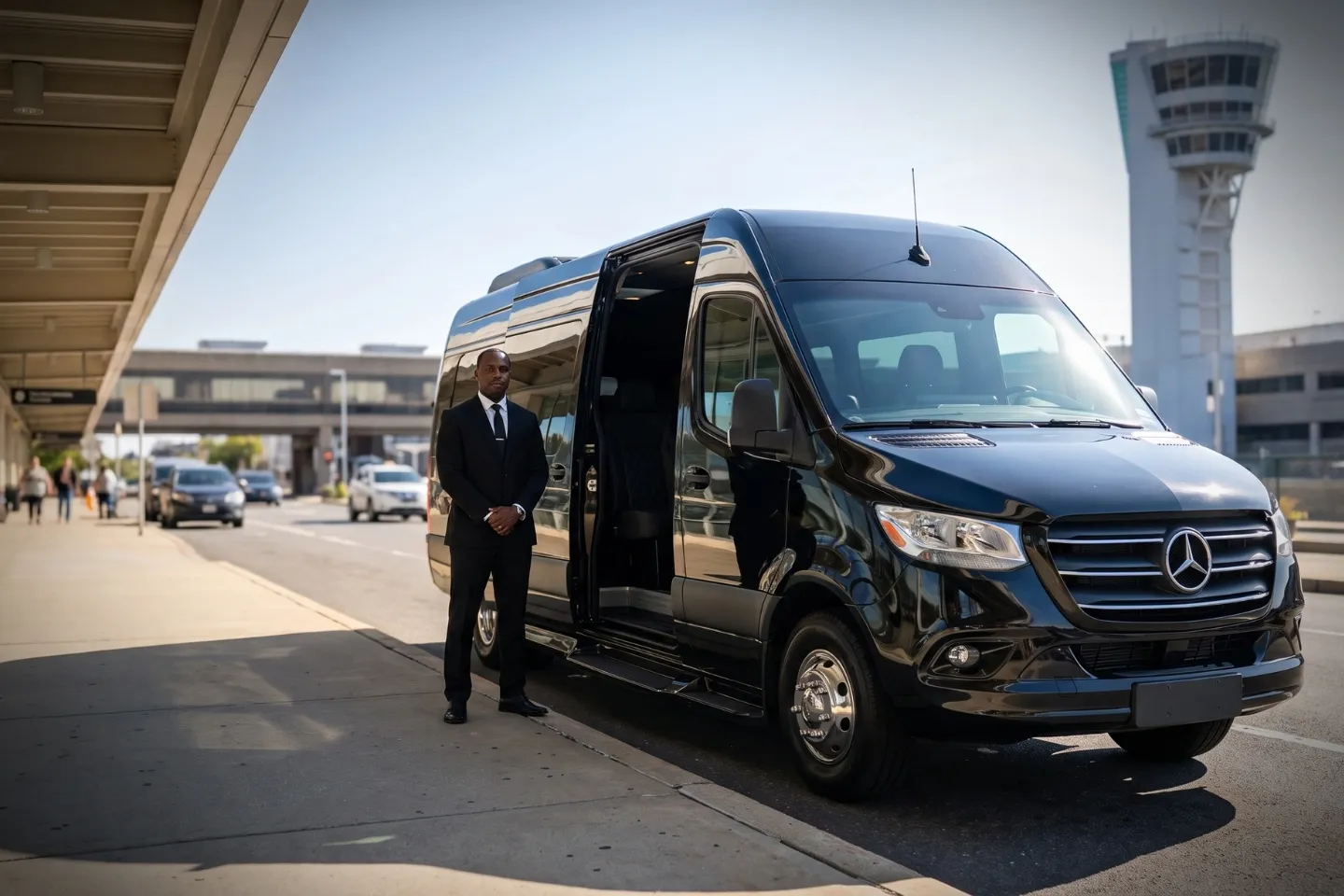 Black stretch limousine parked outside Philadelphia International Airport arrivals terminal