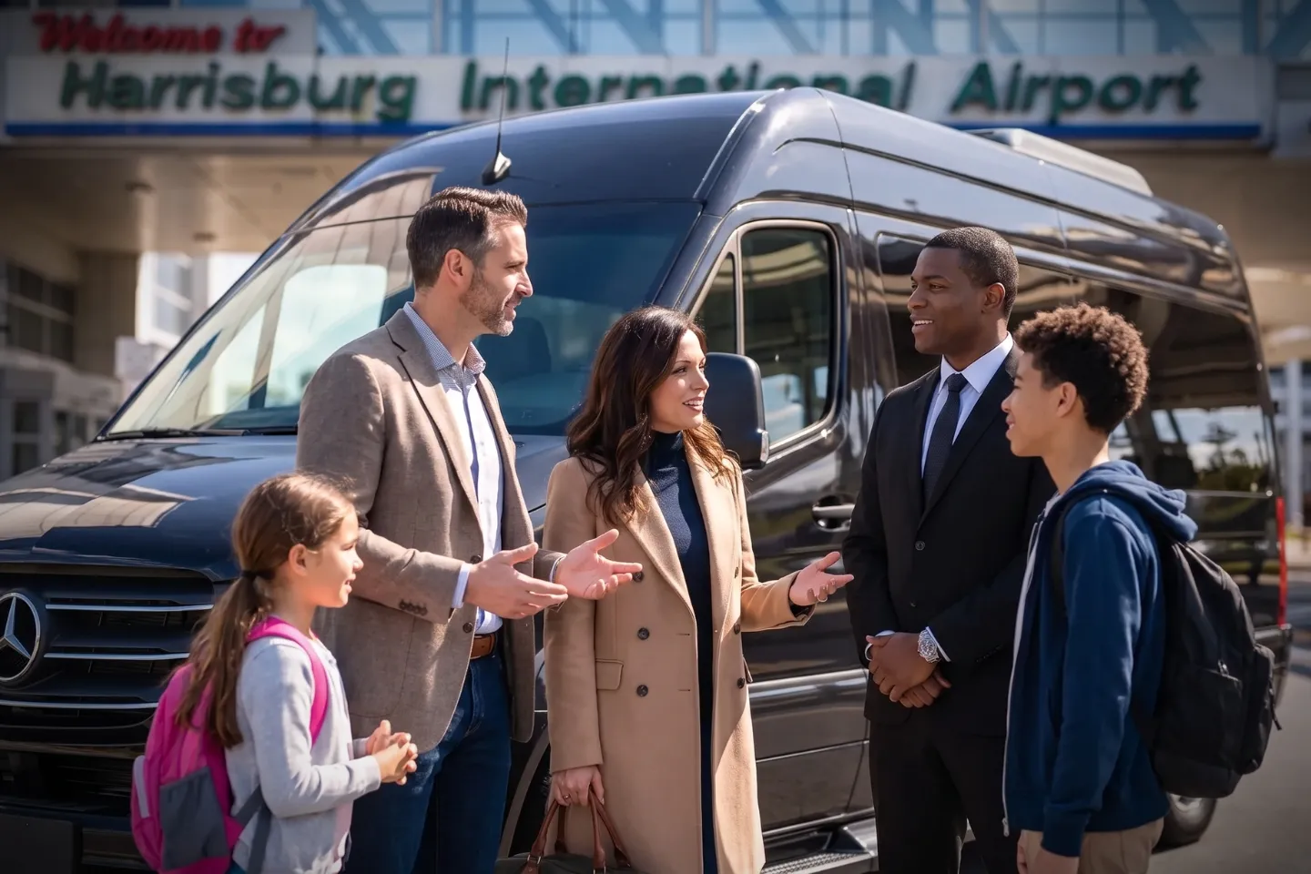 Executive SUV waiting outside Harrisburg International terminal for an airport transfer