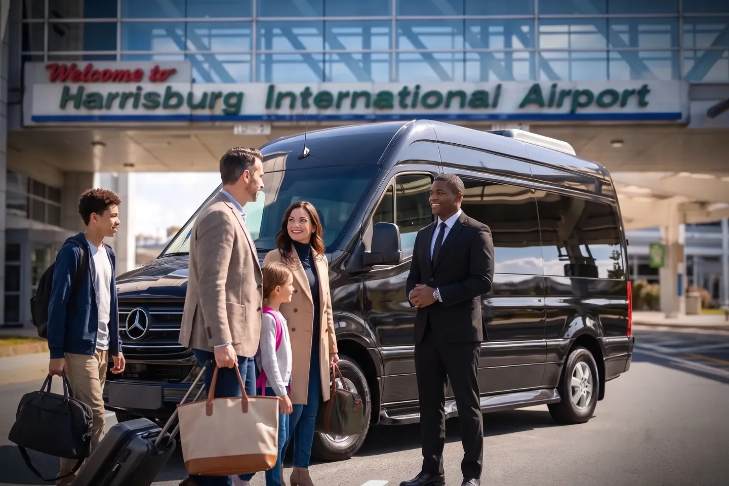 Chauffeur holding the door of a luxury sedan for travelers at MDT
