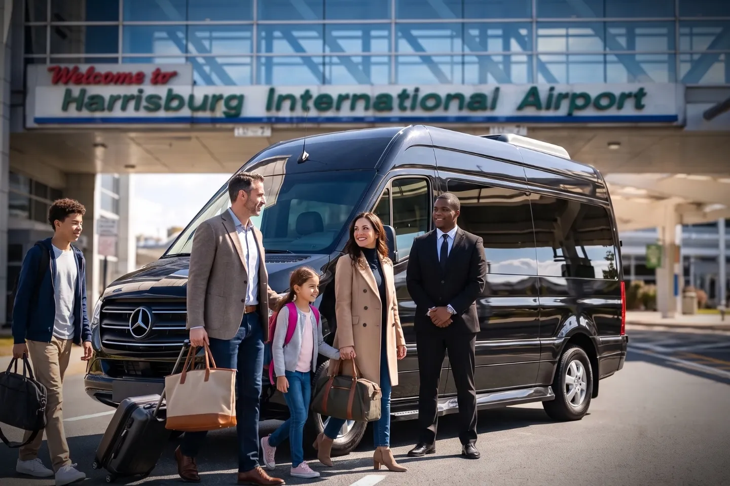 Stretch limo positioned at Harrisburg Airport curbside for a scheduled pickup