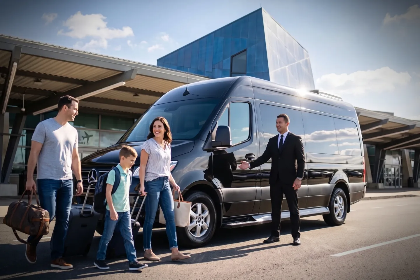 Travelers placing luggage into a black car outside AVP terminal entrance
