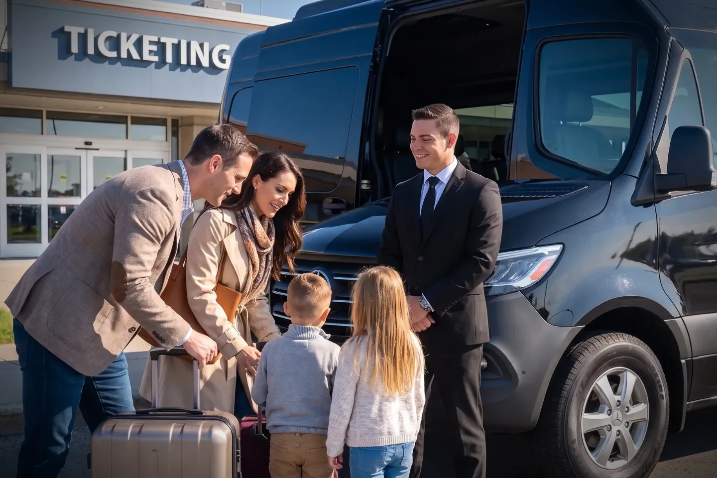 Chauffeur assisting travelers into a luxury sedan outside ERI terminal