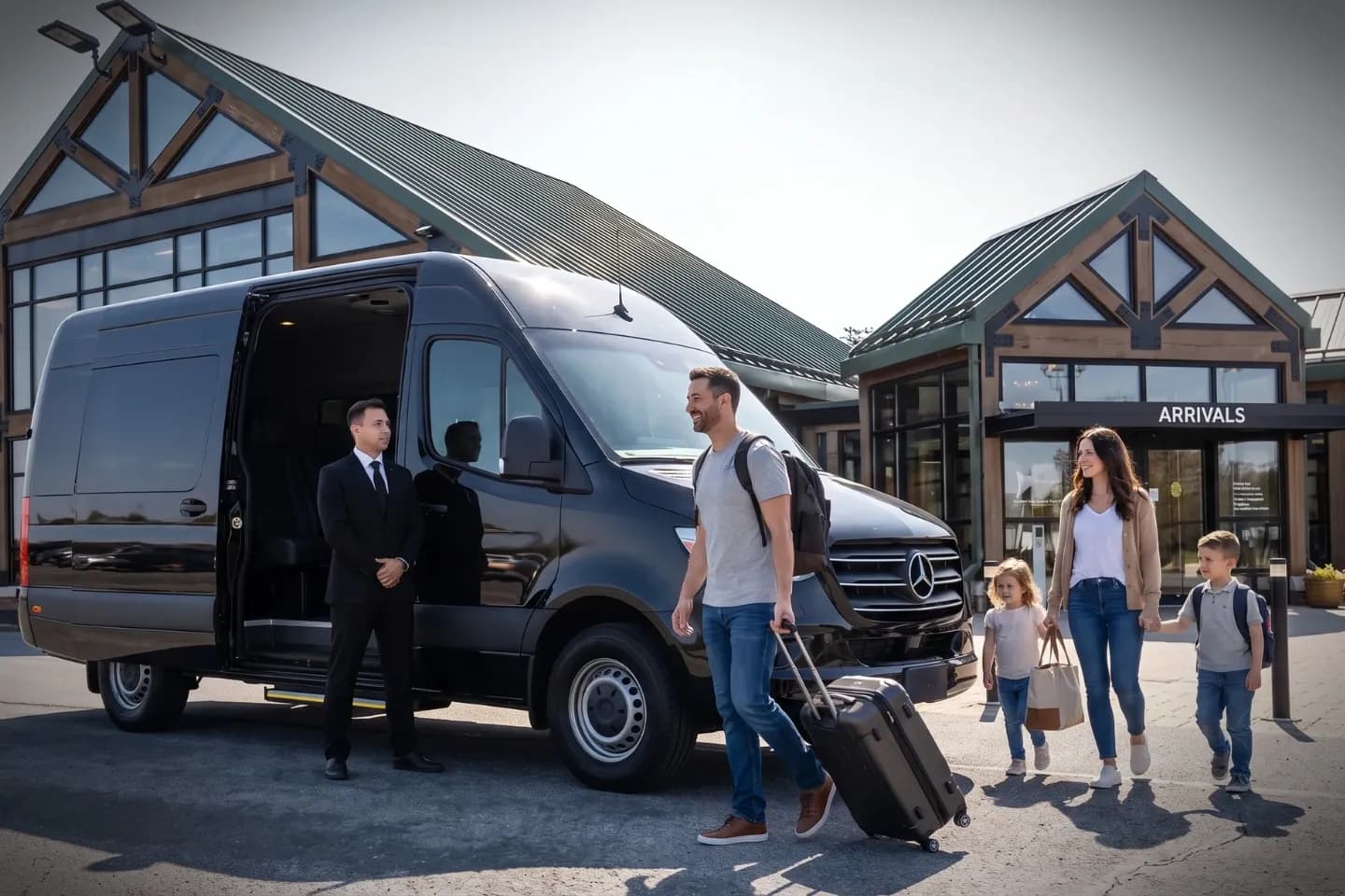 Black car service vehicle stationed at Lancaster Airport arrivals zone
