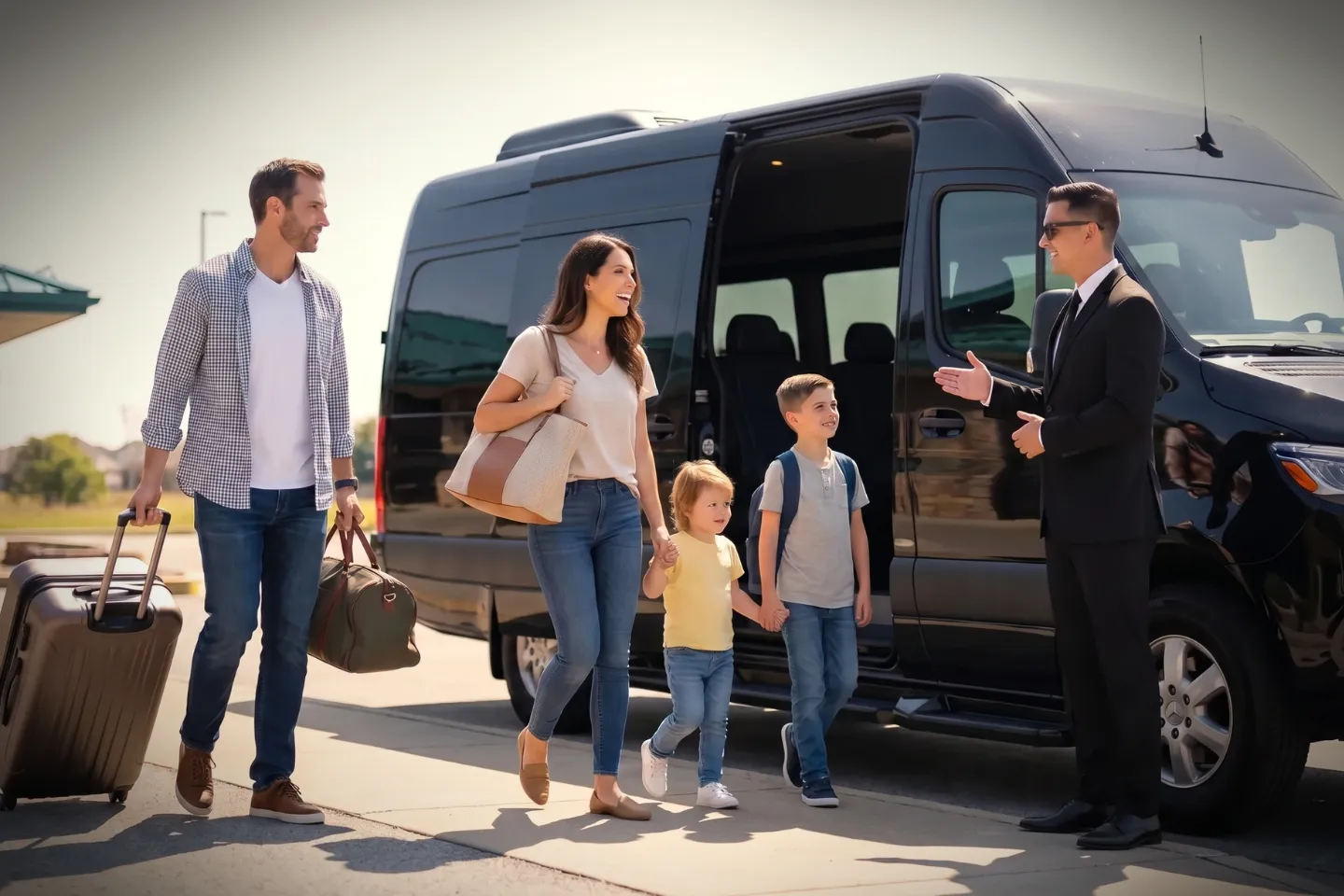 Chauffeur opening an SUV door for travelers at LBE arrivals curb