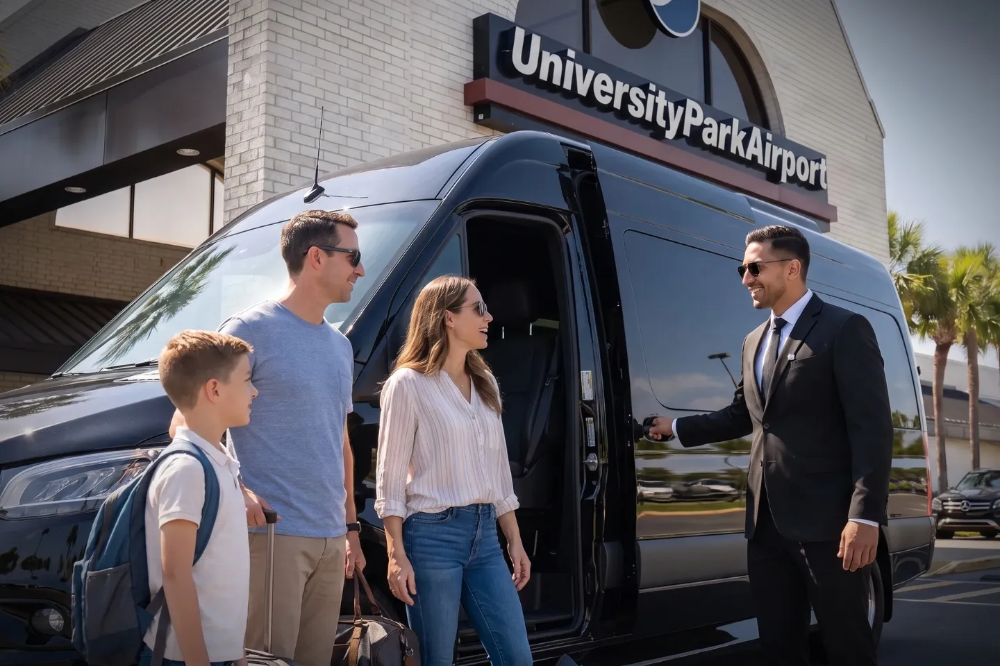 Stretch limousine waiting at University Park Airport arrivals entrance