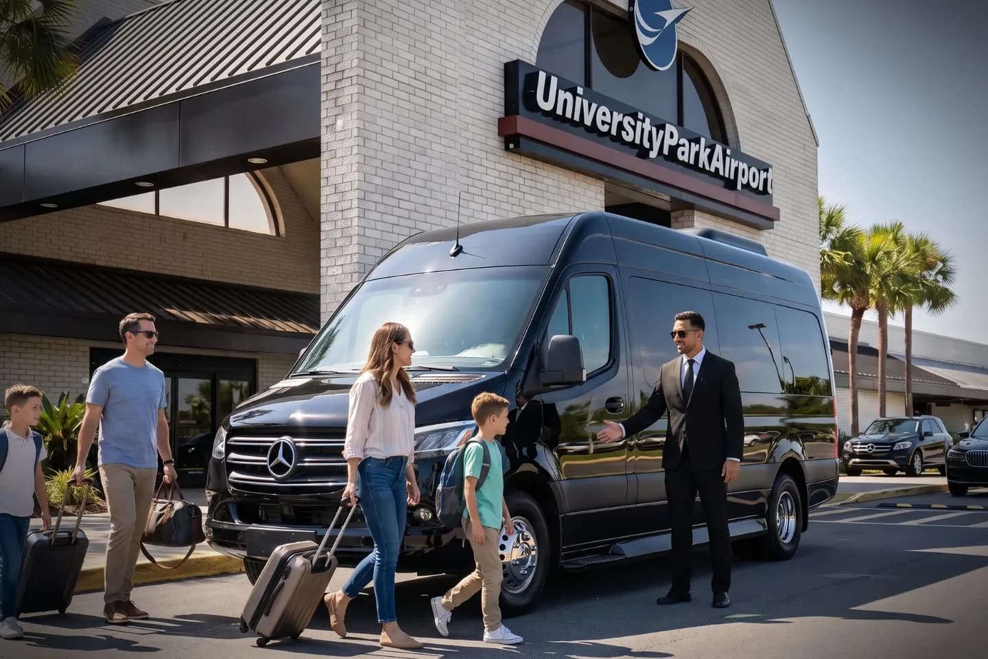 Black car service vehicle stationed near University Park Airport doors