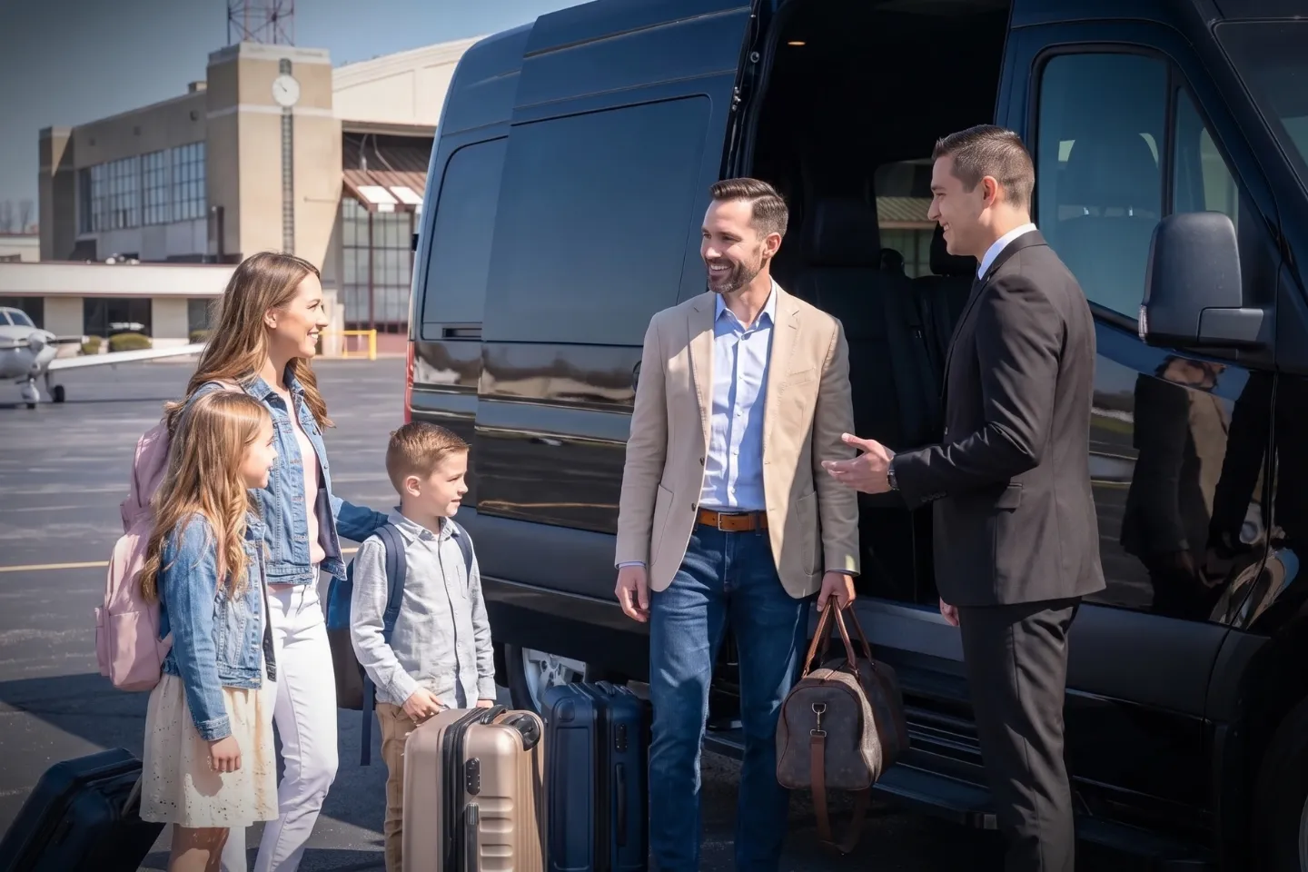 Stretch limousine waiting outside Capital City Airport passenger entrance