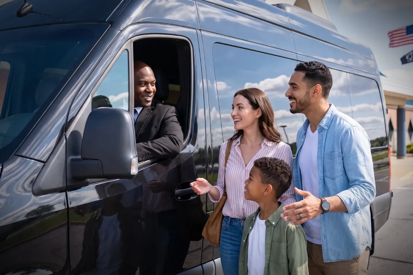 Chauffeur opening a luxury sedan door for travelers at RDG curb