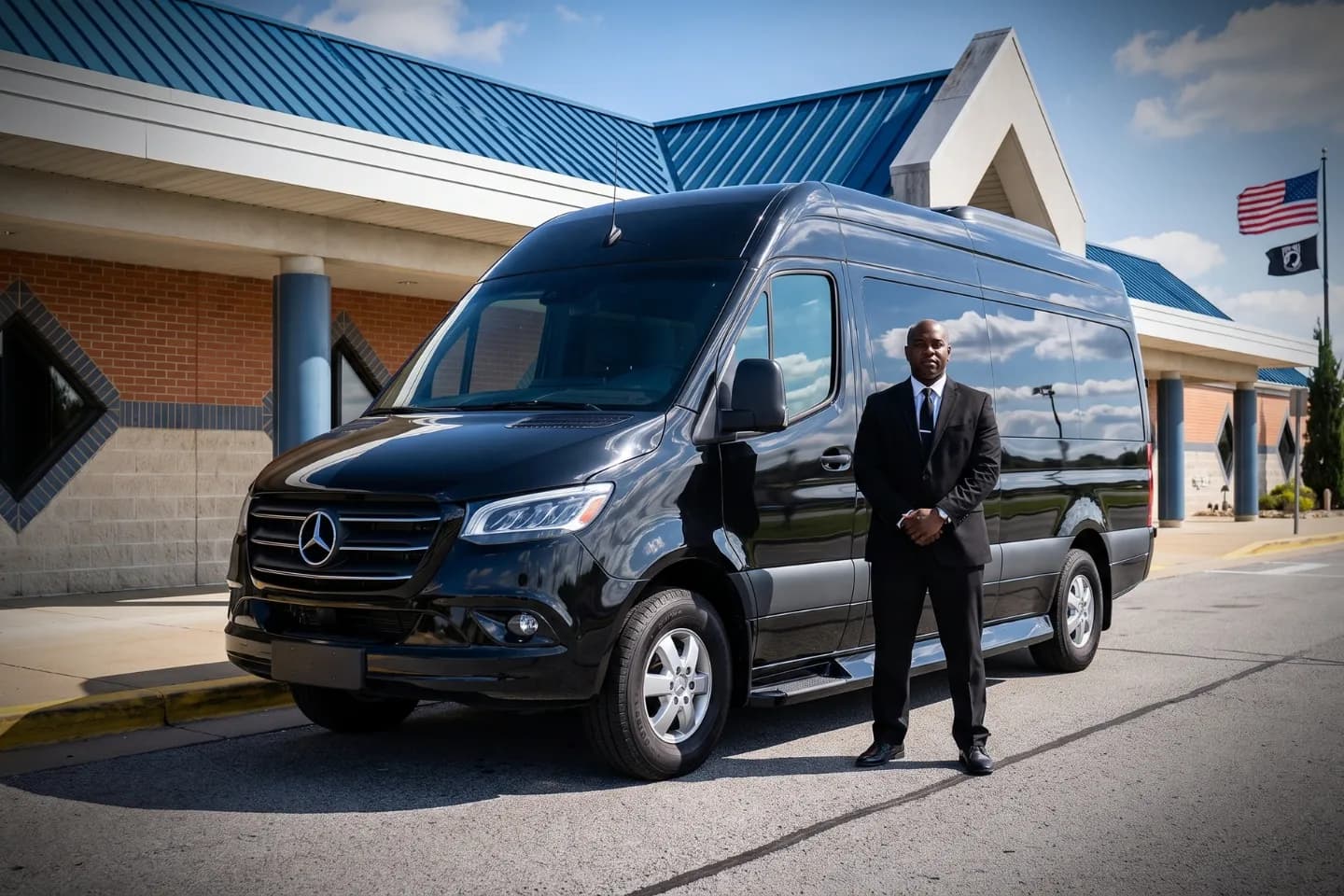 Black stretch limousine outside Reading Regional Airport terminal entrance