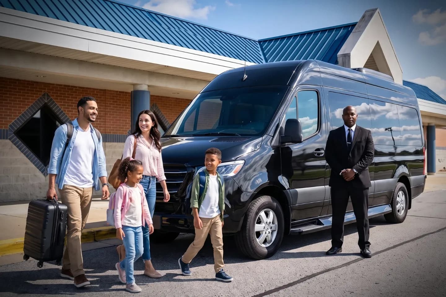Limousine stationed outside Reading Regional Airport for a scheduled airport transfer