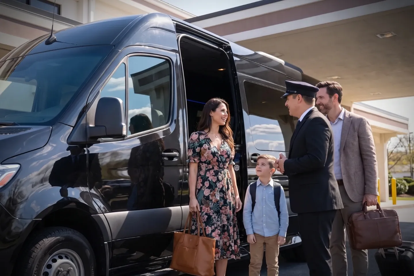 Chauffeur assisting passengers into a black SUV outside AOO entrance