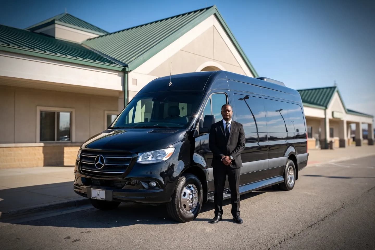 Black limousine parked outside John Murtha Johnstown Cambria County Airport terminal