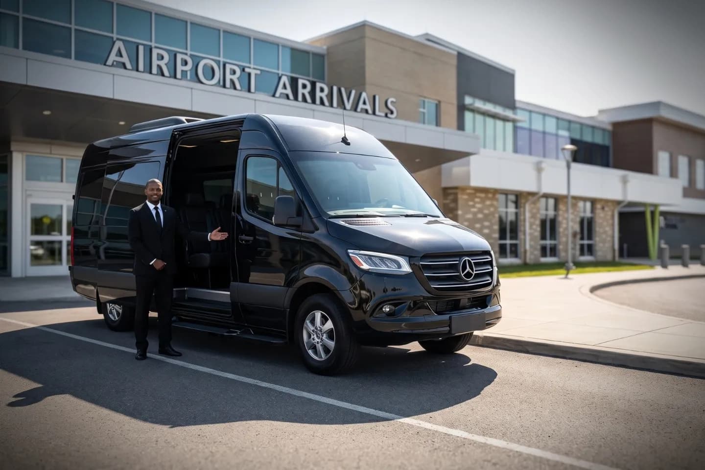 Luxury black sedan parked at Franklin Regional Airport terminal building