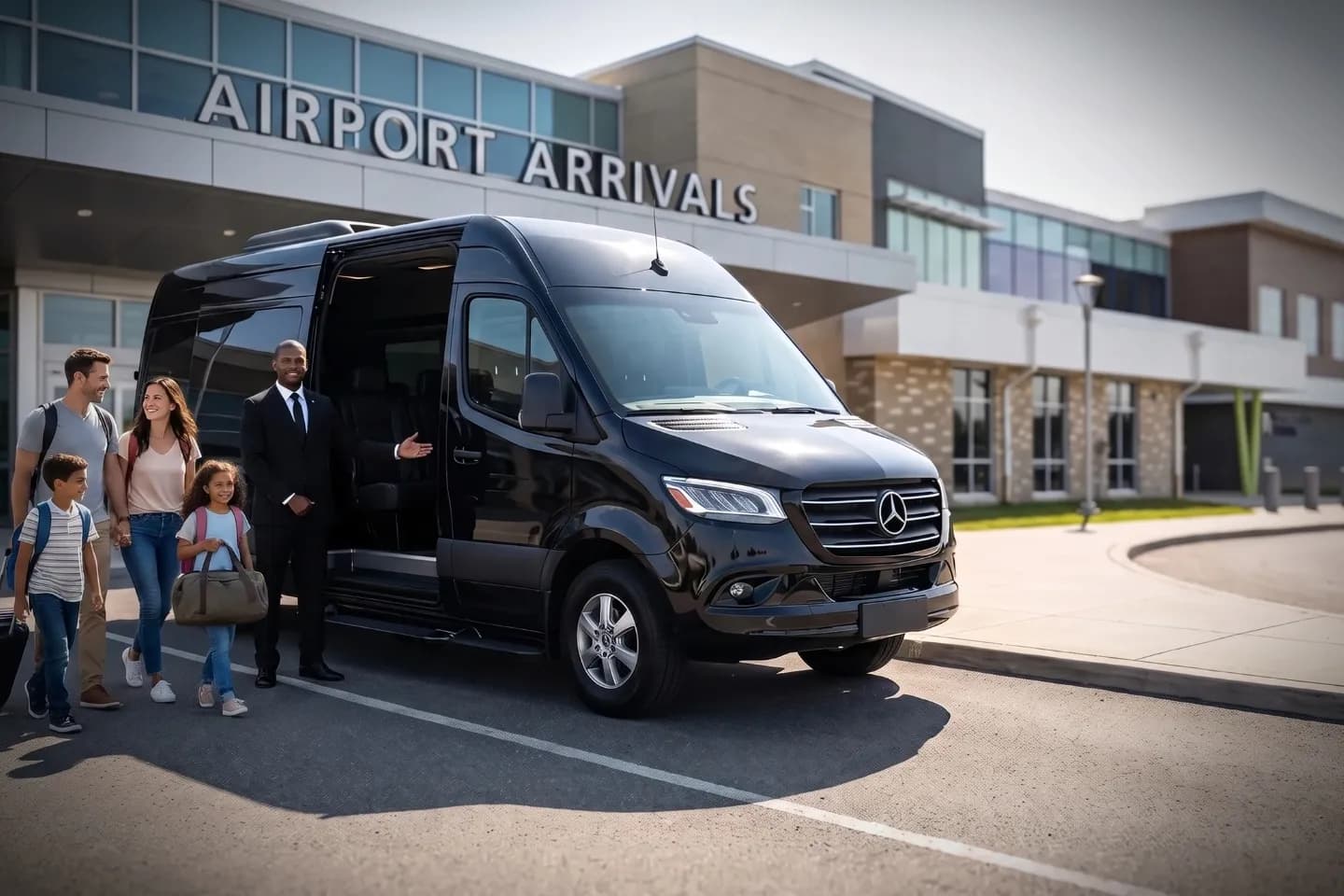 Stretch limousine waiting outside Franklin Regional Airport passenger entrance