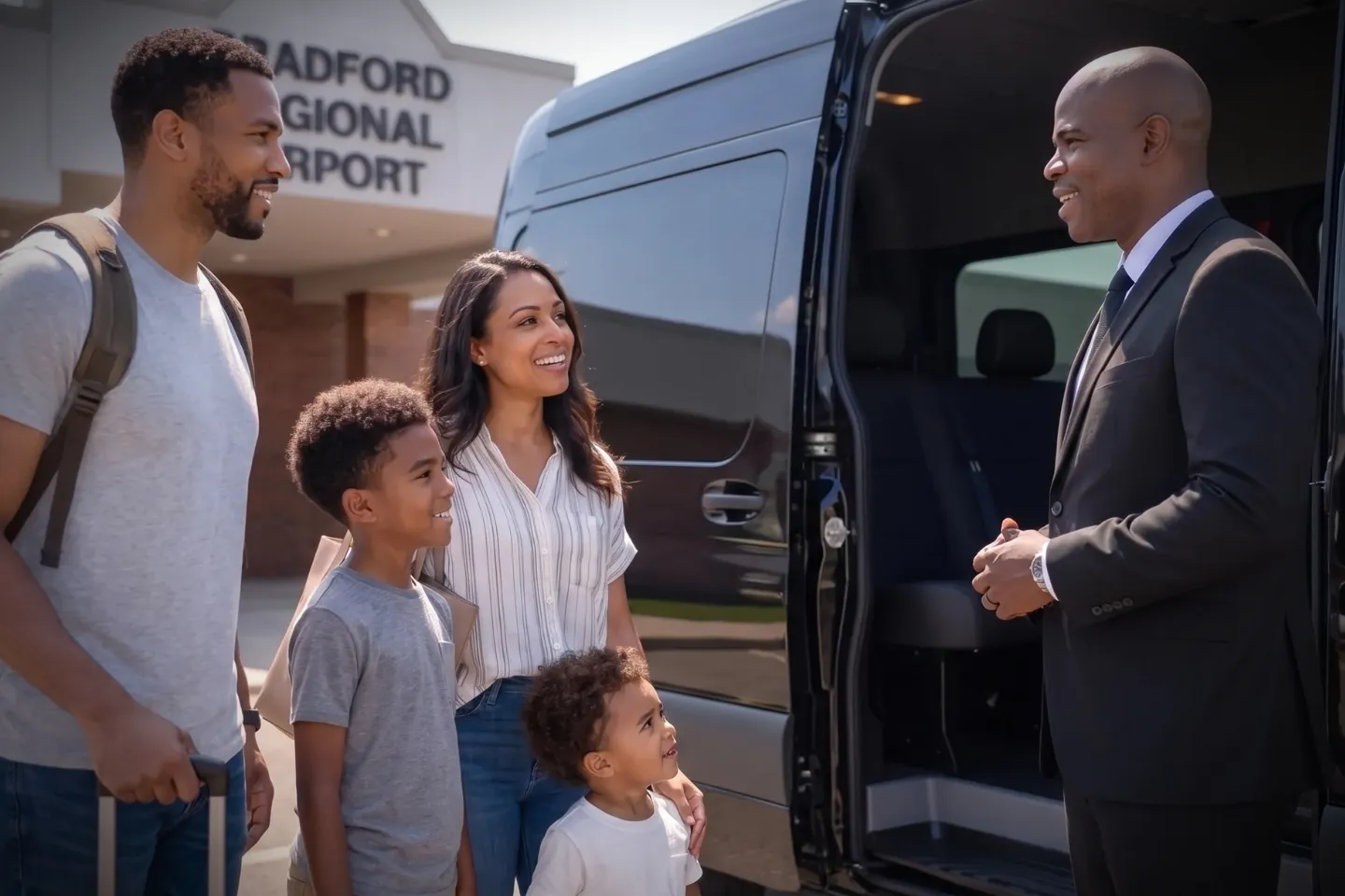 Limousine stationed outside Bradford Regional Airport for a chauffeured transfer