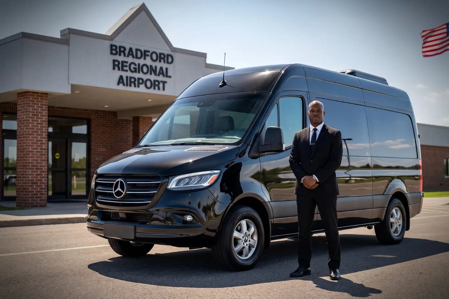 Black stretch limousine outside Bradford Regional Airport terminal entrance