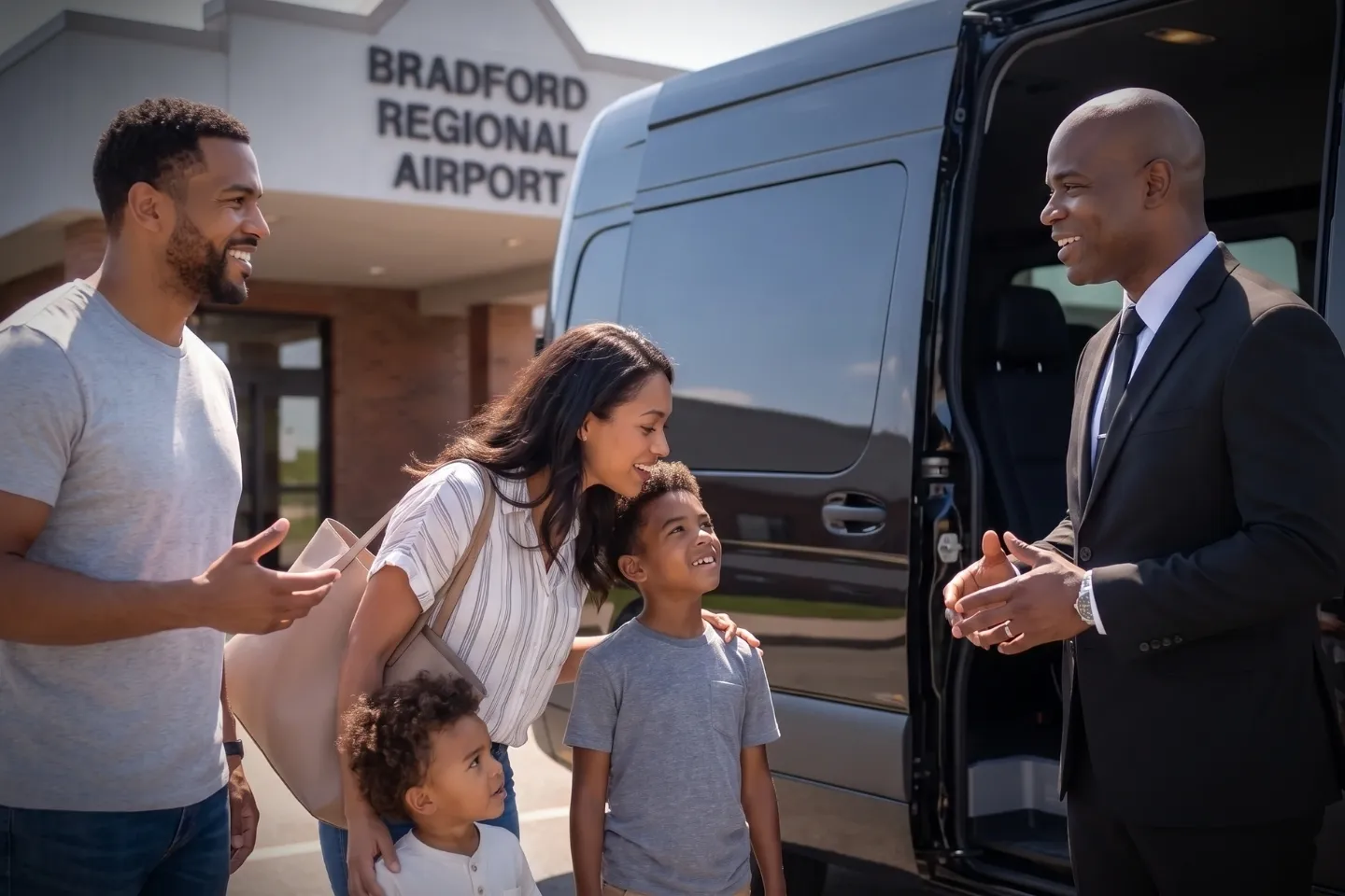 Chauffeur welcoming passengers to a luxury sedan at BFD curb
