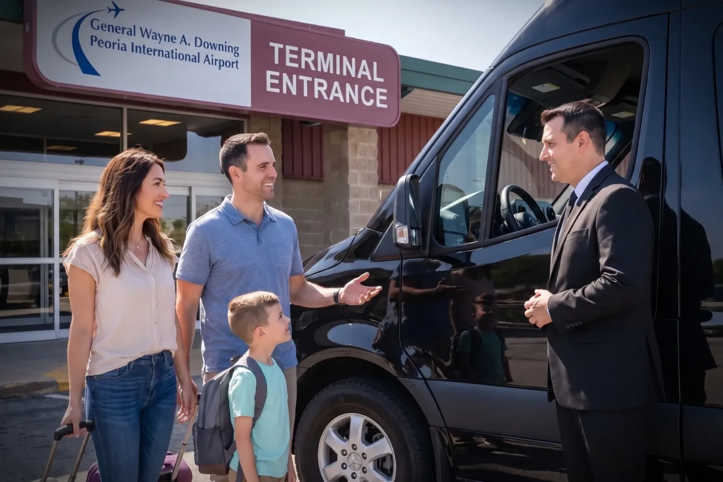Chauffeur holding a limousine door for travelers at DUJ terminal