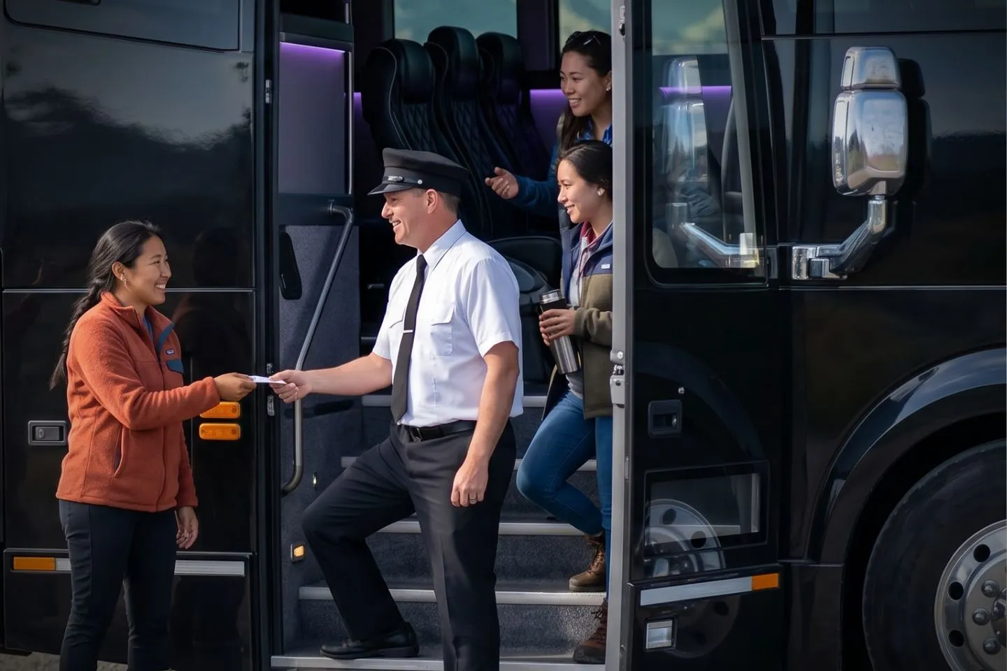 Uniformed chauffeur standing beside an open charter bus door in Alaska