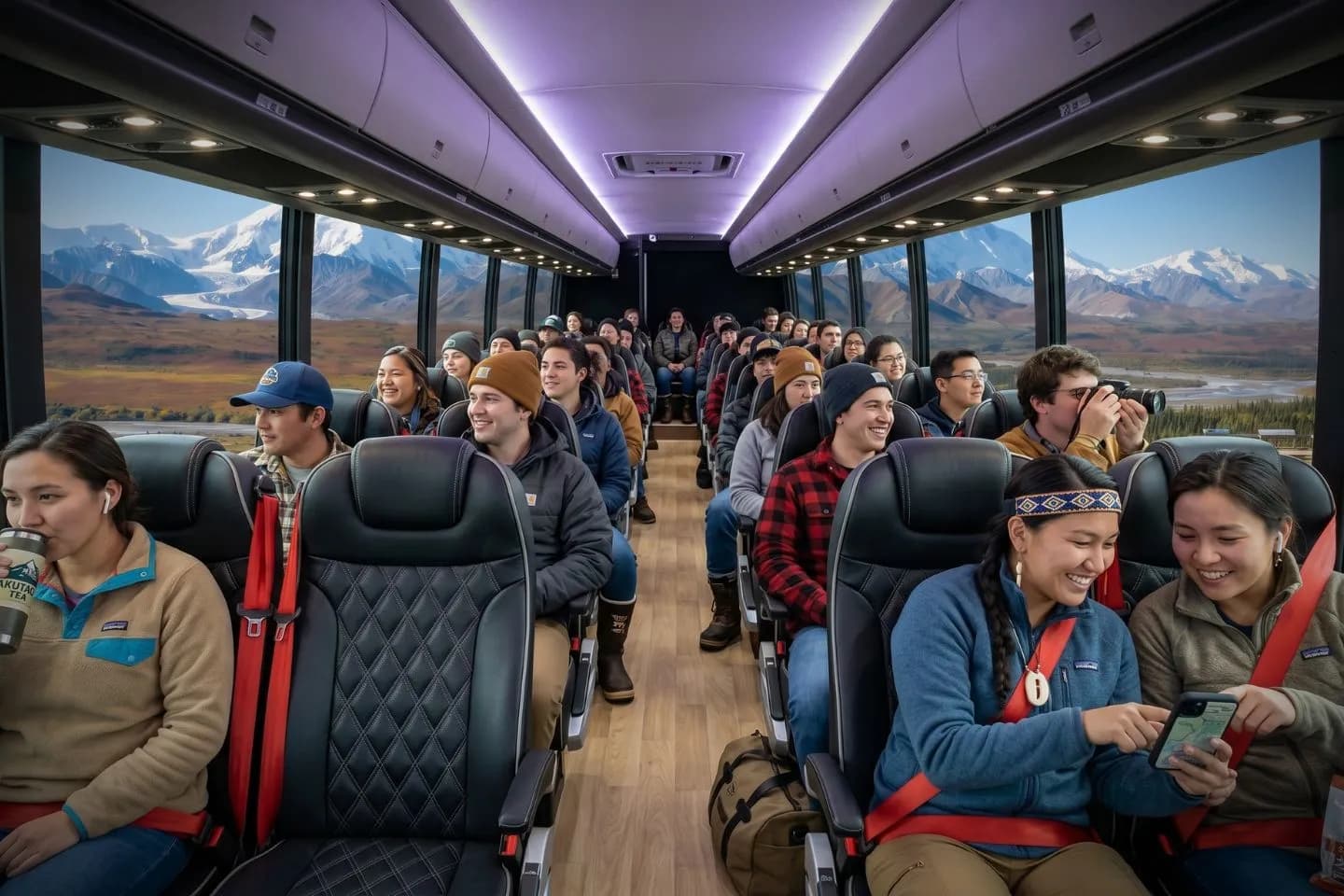 Comfortable leather seating inside an Alaska charter bus with overhead storage