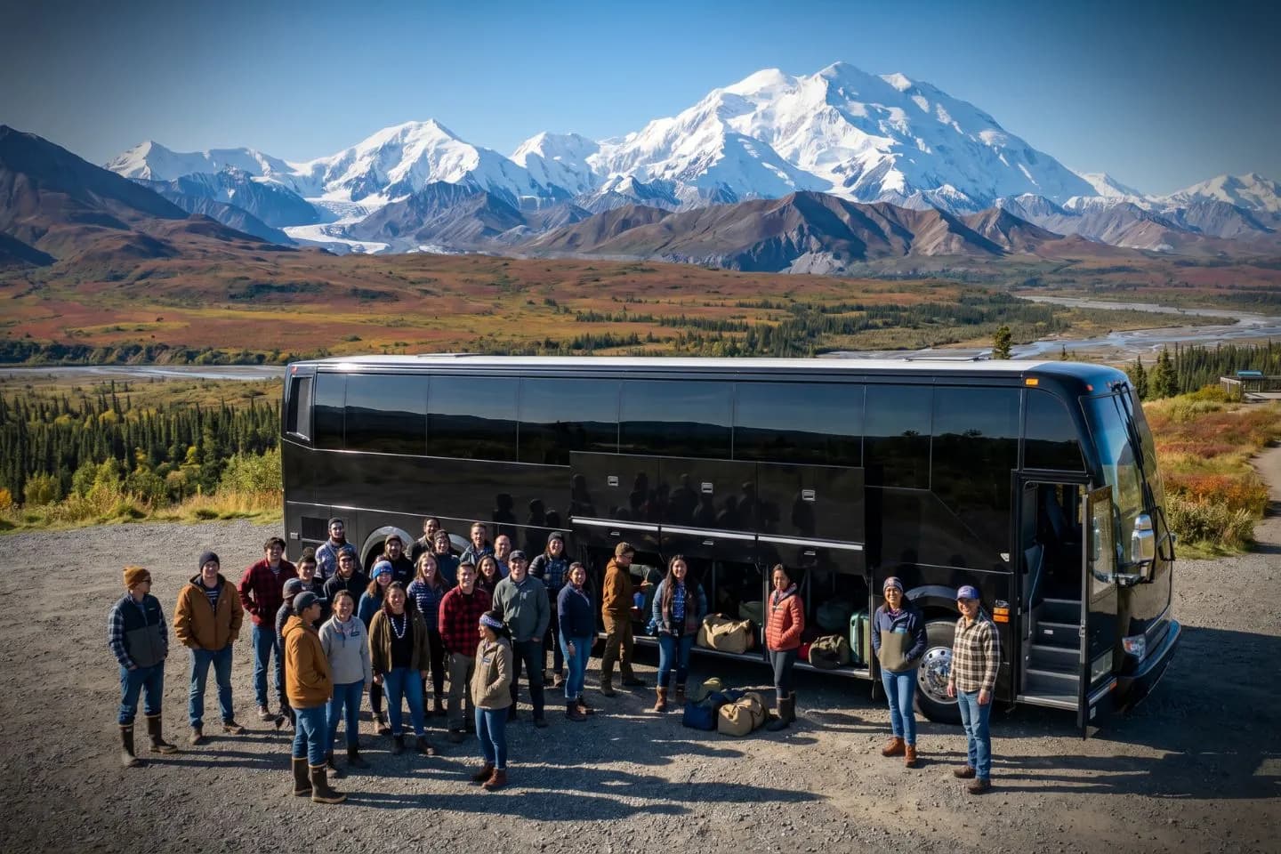 Modern charter bus cruising a glacier lined mountain highway during an Alaska group tour