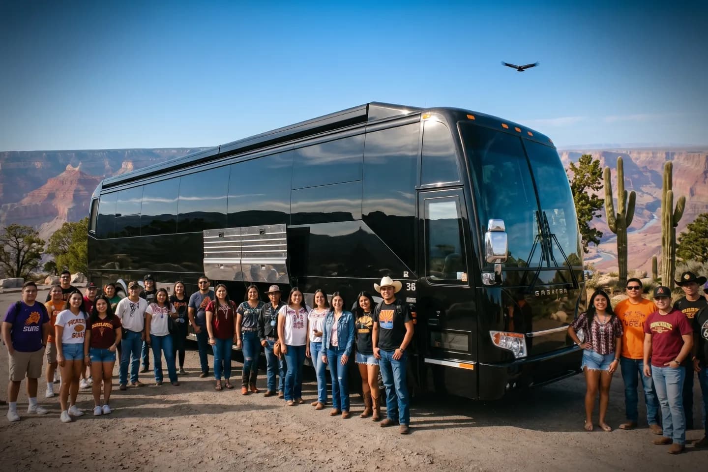 Passengers stepping onto a charter bus at the start of an Arizona trip
