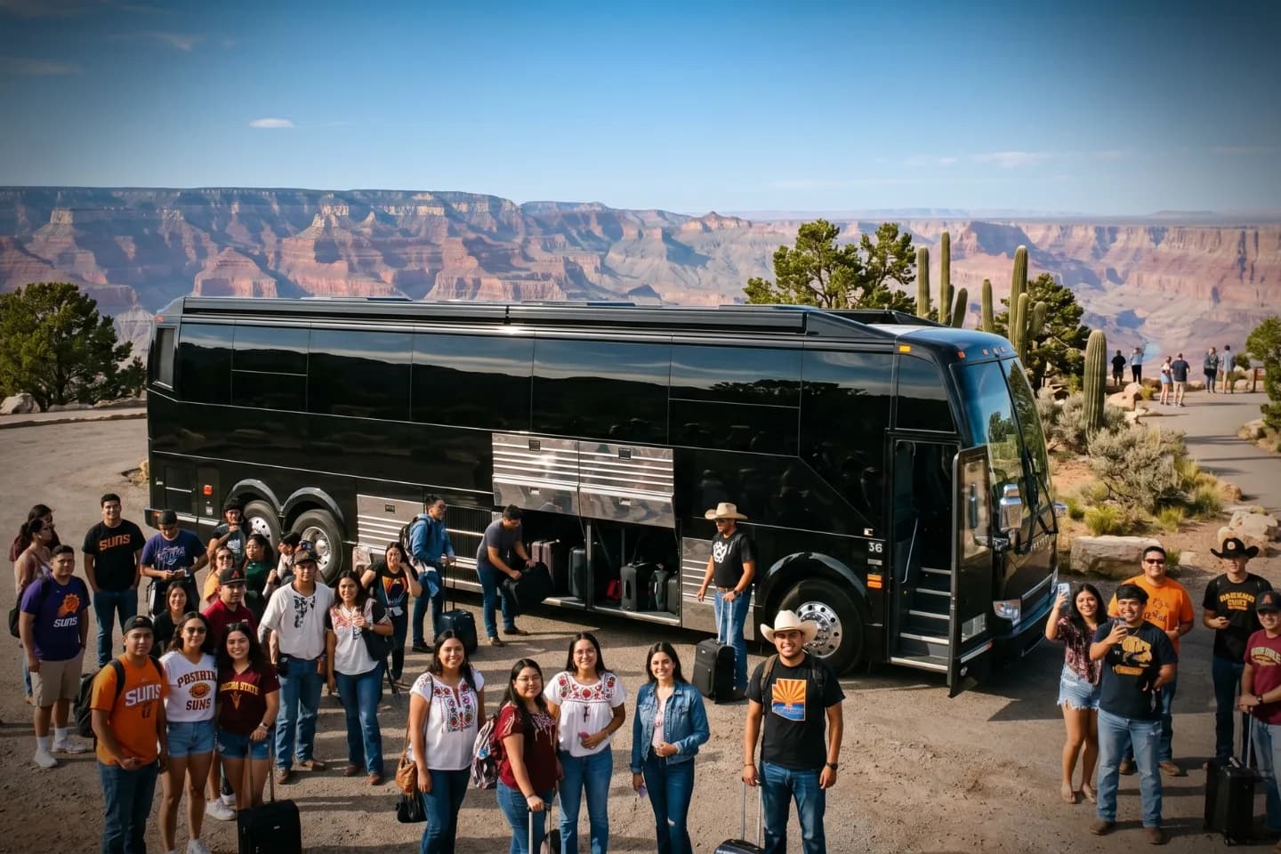 Charter motorcoach rolling down a saguaro dotted desert highway on an Arizona rental itinerary