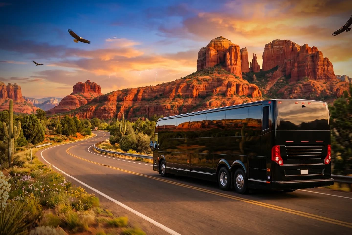 Black charter bus waiting outside a Phoenix resort for an Arizona corporate group