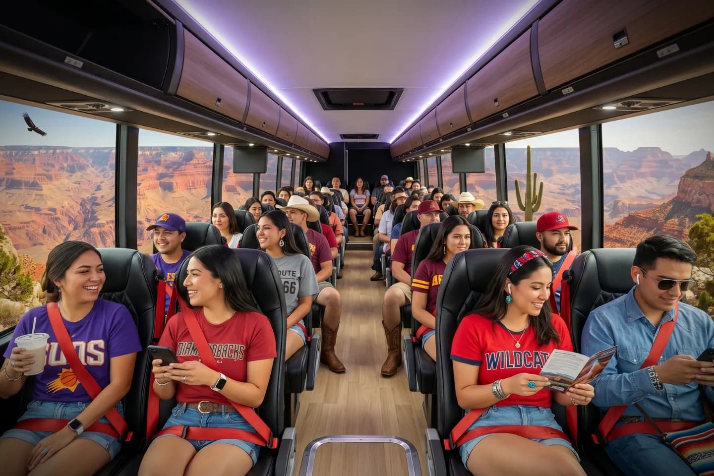 Wide aisle and plush seats inside a charter bus serving Arizona travelers