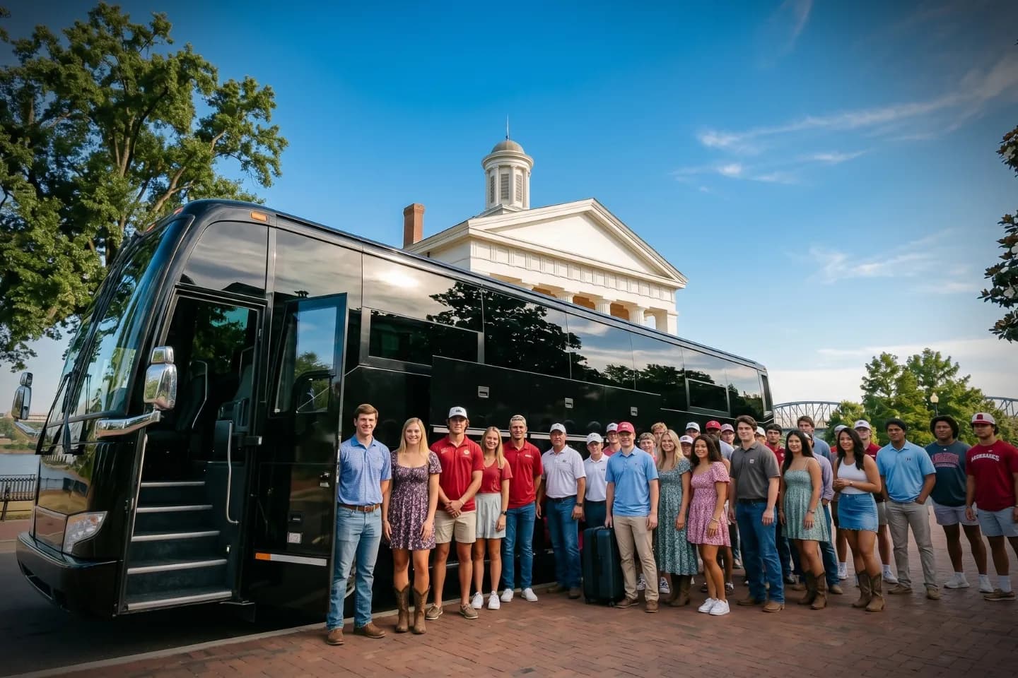 Professional driver welcoming guests aboard a luxury charter bus in Arkansas