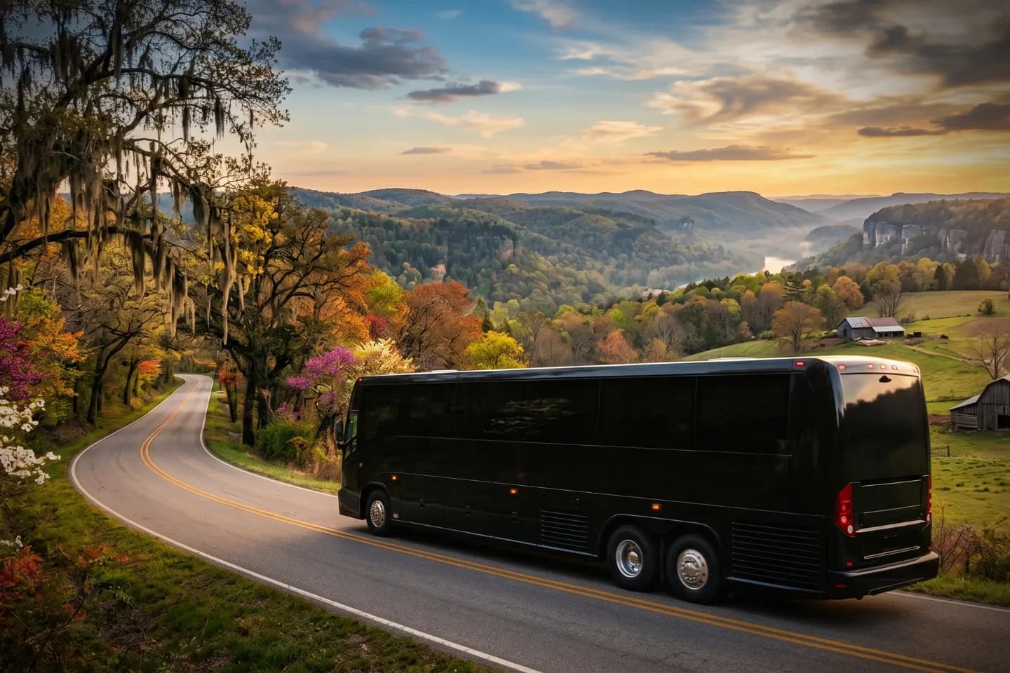 White charter bus parked outside a Little Rock hotel awaiting an Arkansas tour group