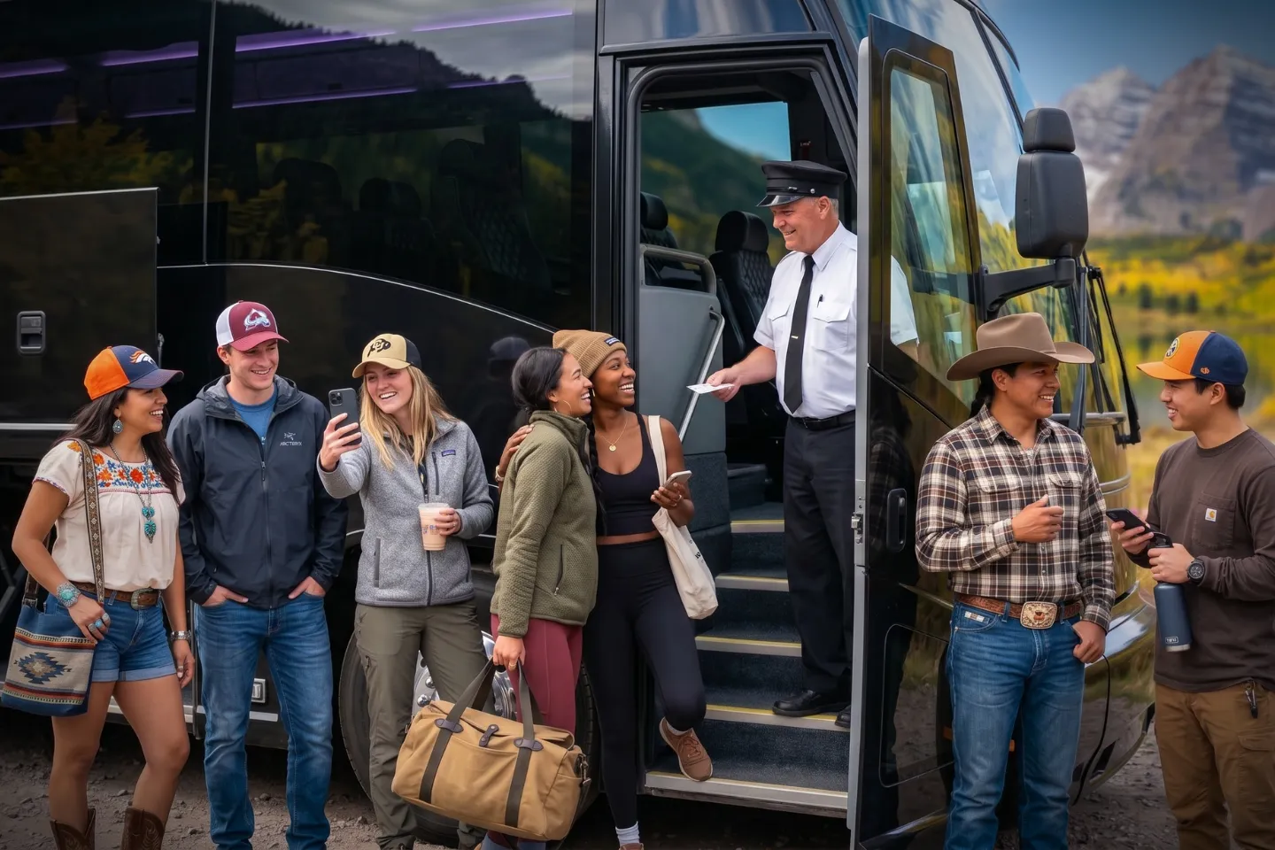 Wide aisle and plush seats inside a charter bus serving Colorado travelers