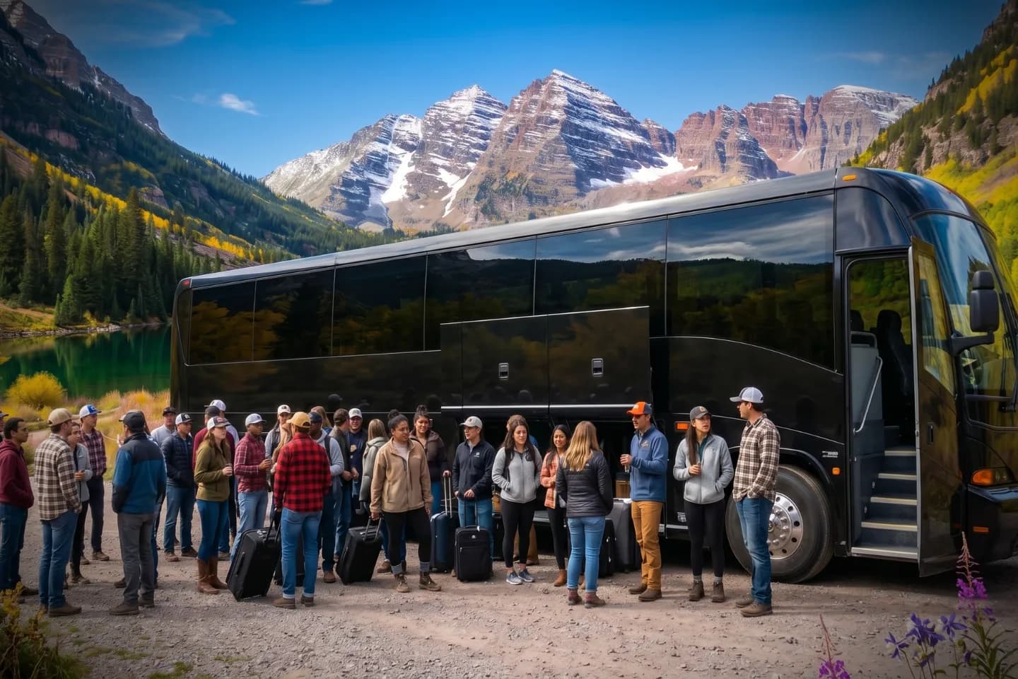 Passengers stepping onto a charter bus at the start of a Colorado trip